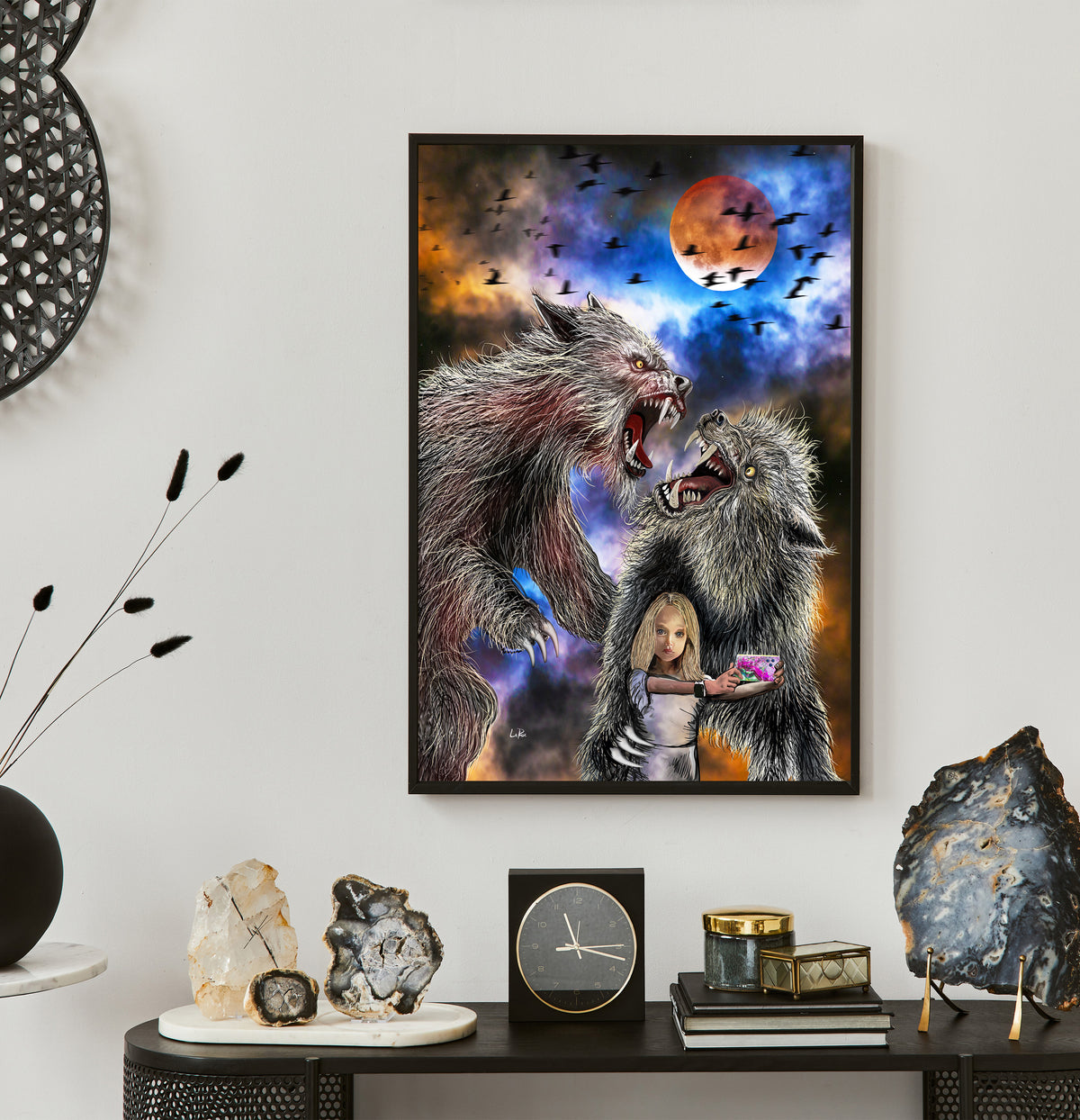 A dramatic fantasy illustration showing two large snarling werewolf bear figures surrounding a young blonde girl who is taking a selfie with a phone. The scene is set against a stormy sky with a large orange-red moon, flying black bird silhouettes, and swirling blue, purple, and orange clouds. Bearwolves by Doug LaRue
