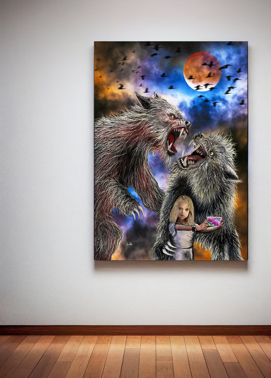 A dramatic fantasy illustration showing two large snarling werewolf bear figures surrounding a young blonde girl who is taking a selfie with a phone. The scene is set against a stormy sky with a large orange-red moon, flying black bird silhouettes, and swirling blue, purple, and orange clouds. Bearwolves by Doug LaRue