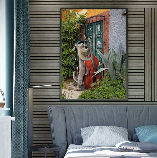 Scruffy the Bass Guitar Cat by Doug LaRue on a wall over a bed