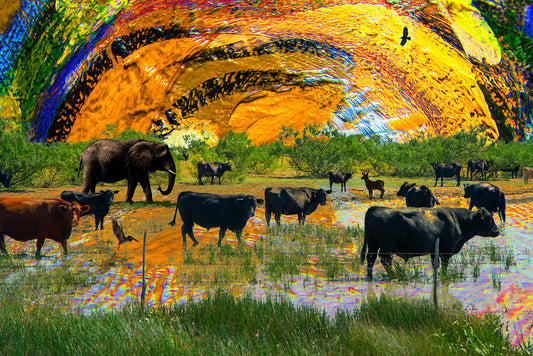 Northwest Canyon Flood Waters mixed media art by Doug LaRue over a light brown couch