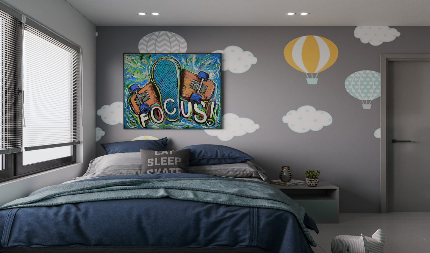 Children's bedroom with colorful wall art, cloud and hot air balloon decorations, and a bed. Focus is a skateboard painting by Doug LaRue
