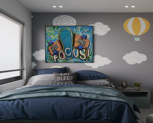 Children's bedroom with colorful wall art, cloud and hot air balloon decorations, and a bed. Focus is a skateboard painting by Doug LaRue