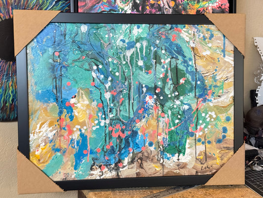 Texicali abstract by Doug LaRue in a black wood Gothom frame 20x26x2.5