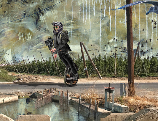 A person in a helmet and dark outfit rides a unicycle along a road, with a surreal painted background featuring trees, birds, utility poles, and a small pond. close up of LaRue Road bye Doug LaRue