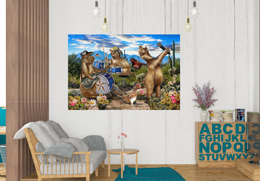 Living room with a large wall art of Prairie Dogs playing instruments in a desert setting. The Prairie Dogs live by Doug LaRue