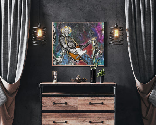 Room with wooden dresser, abstract painting of a person playing guitar, and hanging lights. Slim Lawrence Country Guitar