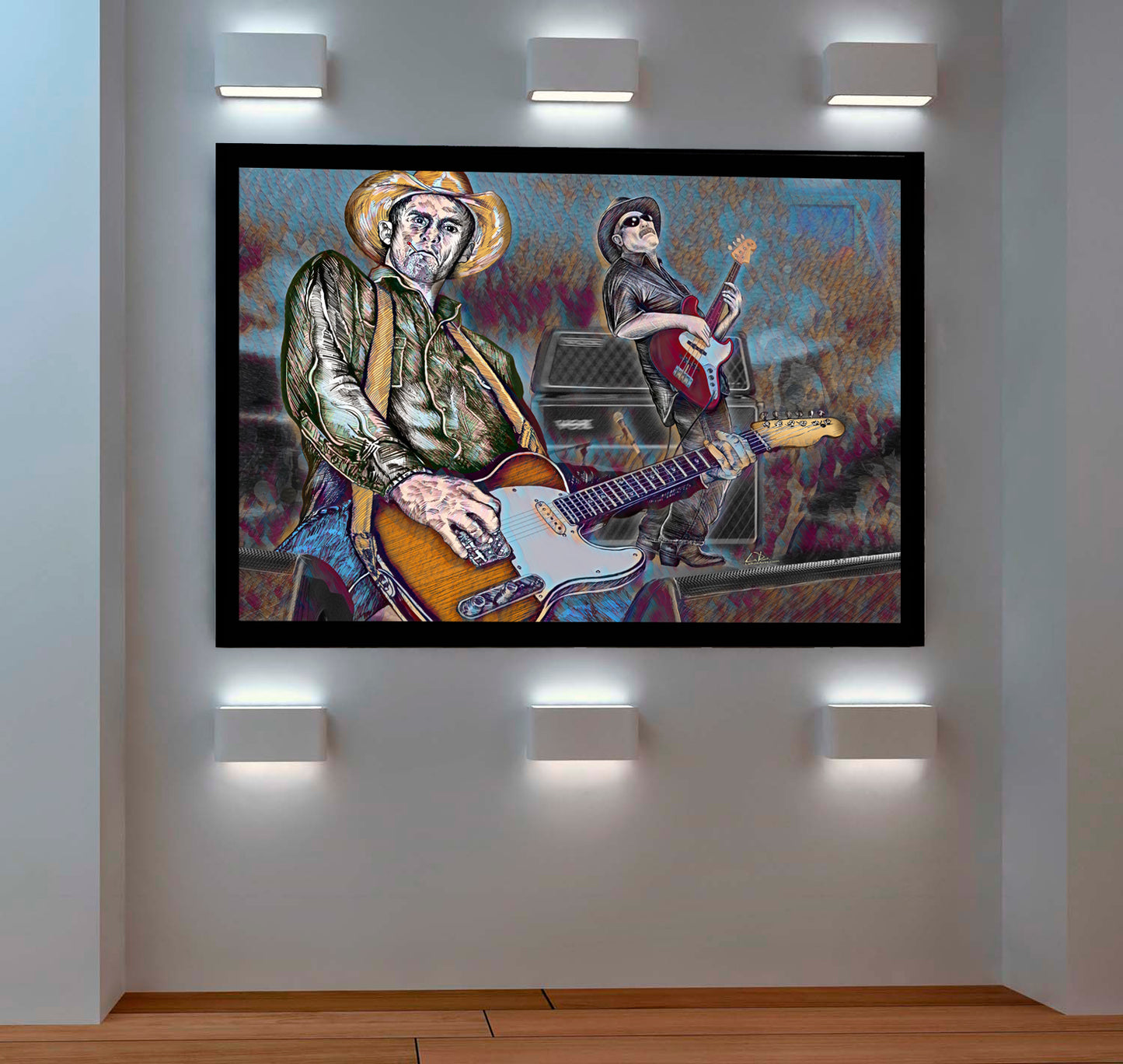 Framed artwork of two musicians playing guitar on a wall with decorative lights. Two musicians, Slim and Red Blues by Doug LaRue, playing guitars with a colorful, abstract background