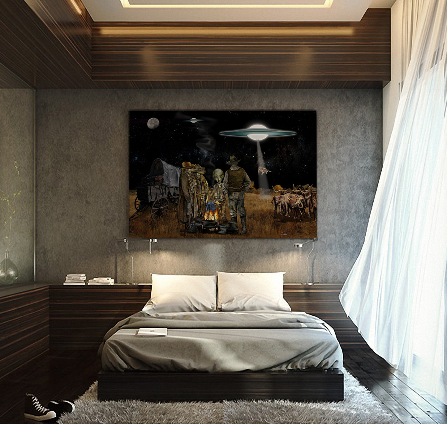 Modern bedroom with a large painting of extraterrestrial negotiating the price of dinner with some cowboys on a cattle drive scene on the wall.