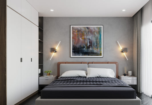 Modern bedroom with a bed, artwork on the wall, and large windows. Abstract Sq. Foot by Doug LaRue