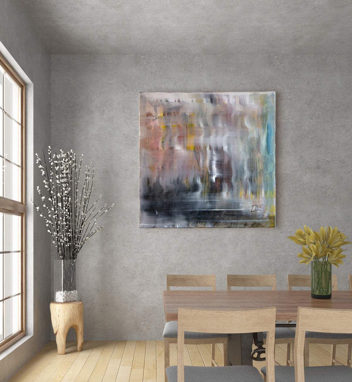 Dining room with abstract painting on the wall, table, chairs, and decorative plants. Abstract Sq. Foot by Doug LaRue