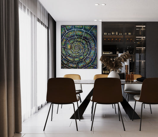 Chromatic Nautilus Ammonite painting on a dining room wall