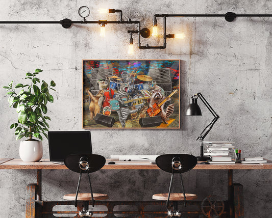 Modern office space with a desk, chairs, and a colorful painting on the wall. The Animalz Band performing art by Doug LaRue