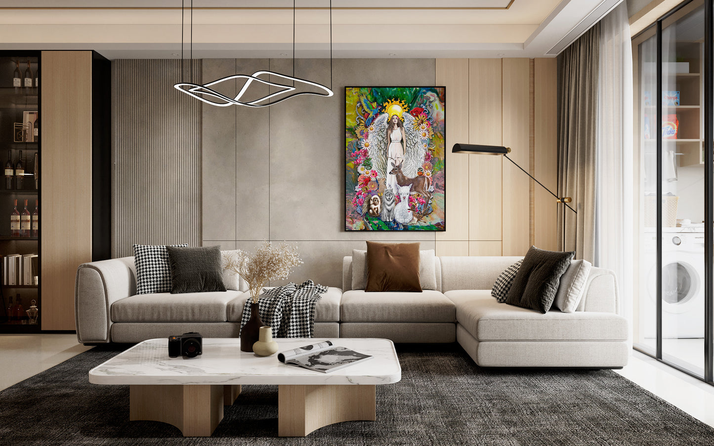 Modern living room with a sectional sofa, coffee table, and decorative wall art featuring Ariel Archangel Flowers by Doug LaRue.