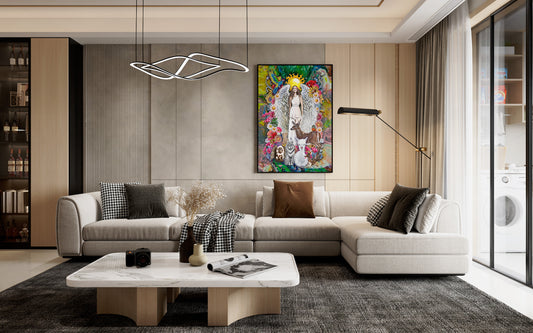 Modern living room with a sectional sofa, coffee table, and decorative wall art featuring Ariel Archangel Flowers by Doug LaRue.