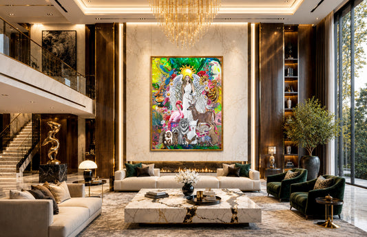 Luxurious living room with a colorful abstract painting on the wall, modern furniture, and decorative elements. Ariel Archangel by Doug LaRue