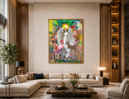 Luxurious living room with a colorful abstract painting on the wall, modern furniture, and decorative elements. Ariel Archangel by Doug LaRue