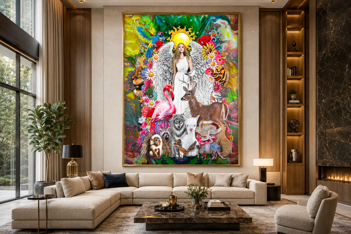 Colorful abstract painting in a modern living room with a sectional sofa and coffee table. Ariel Archangel by Doug LaRue