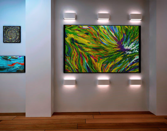 Modern gallery interior with colorful abstract painting on a wall, surrounded by wall lights. Abstract painting with vibrant green, blue, and purple colors Autumn Ivy by Doug LaRue