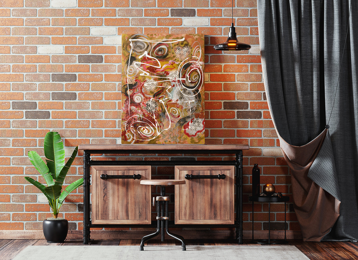Wooden console table with decorative painting against a brick wall. Ayurvedic gumbo abstract painting by Doug LaRue