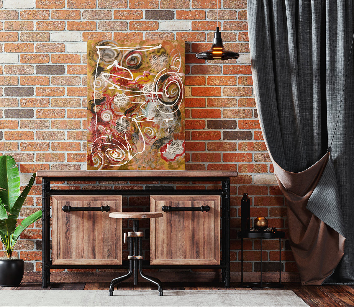 Wooden console table with decorative painting against a brick wall. Ayurvedic gumbo abstract painting by Doug LaRue