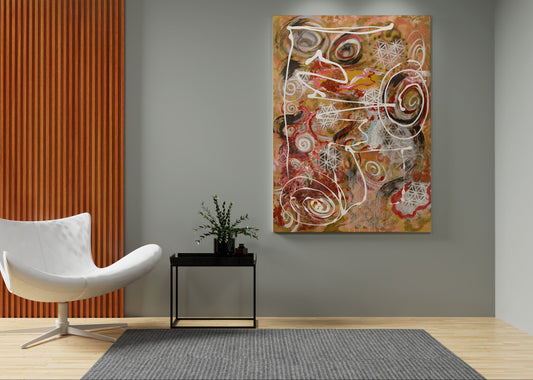 Ayurvedic gumbo abstract painting by Doug LaRue on a wall in a room with a chair and small table.