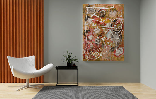 Ayurvedic gumbo abstract painting by Doug LaRue on a wall in a room with a chair and small table.
