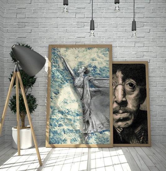 Two framed artworks on a gray brick wall with a lamp and plant in the foreground. Ballerina Waves mixed media by Doug LaRue