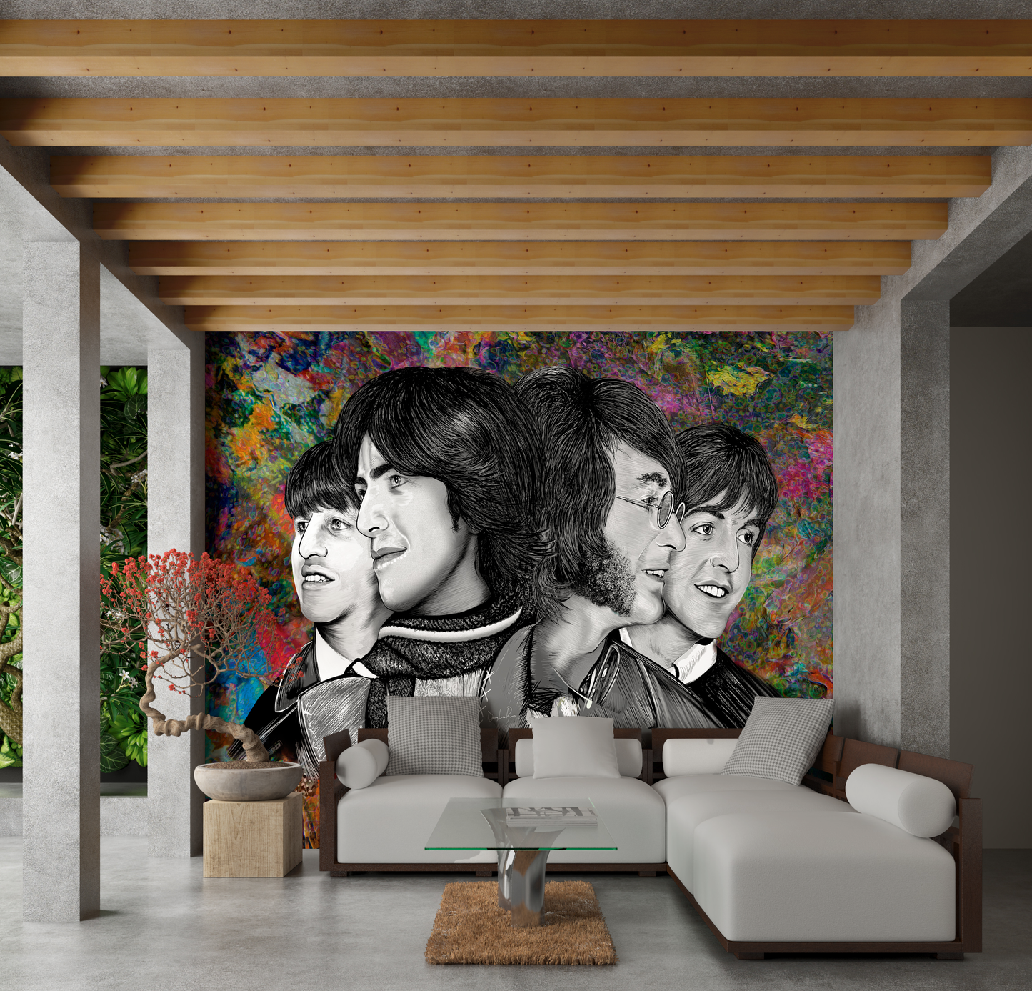 Living room with a mural of Beatles Nawlins mixed media art by Doug LaRue on the wall