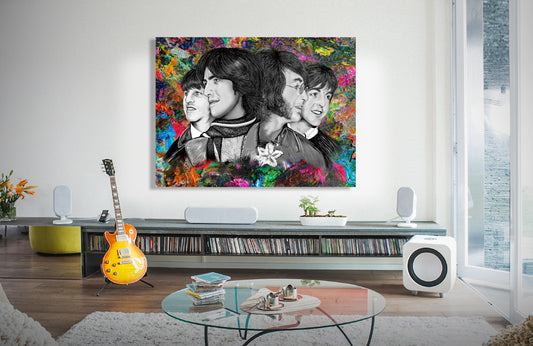 Living room with a colorful painting of Beatles Nawlins mixed media art by Doug LaRue on the wall, guitar, cd's and books.
