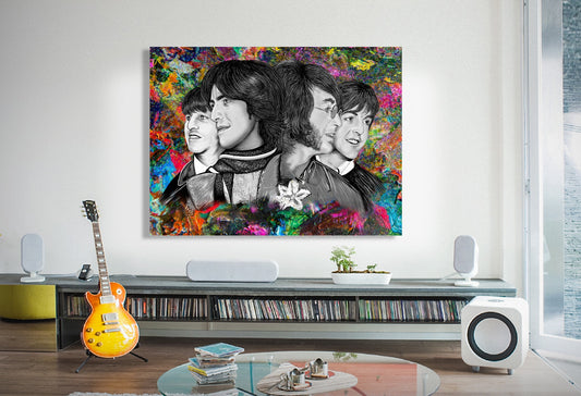 Living room with a colorful painting of Beatles Nawlins mixed media art by Doug LaRue on the wall, guitar, cd's and books.