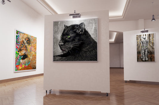 Black Panther Green Eyes by Doug LaRue in a art gallery