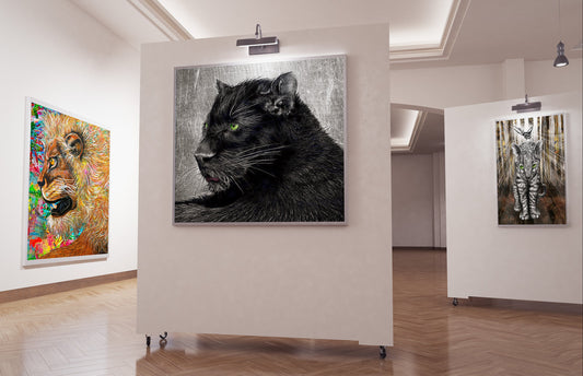 Black Panther Green Eyes by Doug LaRue in a art gallery