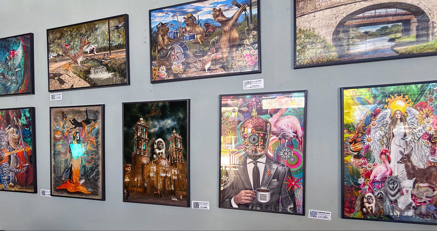 A gallery wall displaying a collection of colorful framed art prints, including surreal portraits, animals, and landscapes, with small price tags below each piece. Flying Monkeys by Doug LaRue