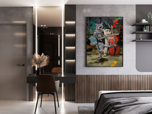 Buskers and Scruffy mixed media art by Doug LaRue on a living room wall over a grey couch