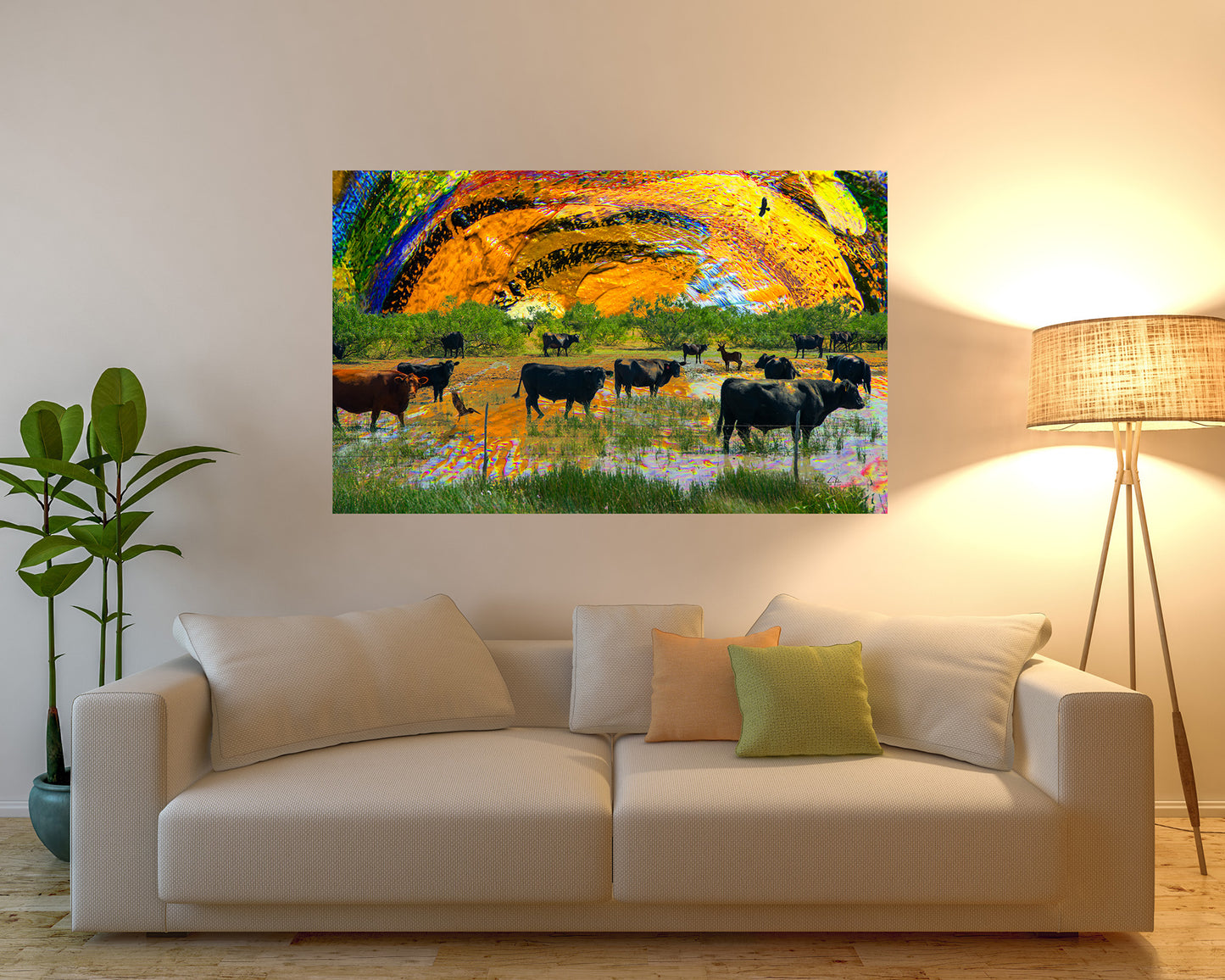 Northwest Canyon Flood Waters mixed media art by Doug LaRue over a light brown couch