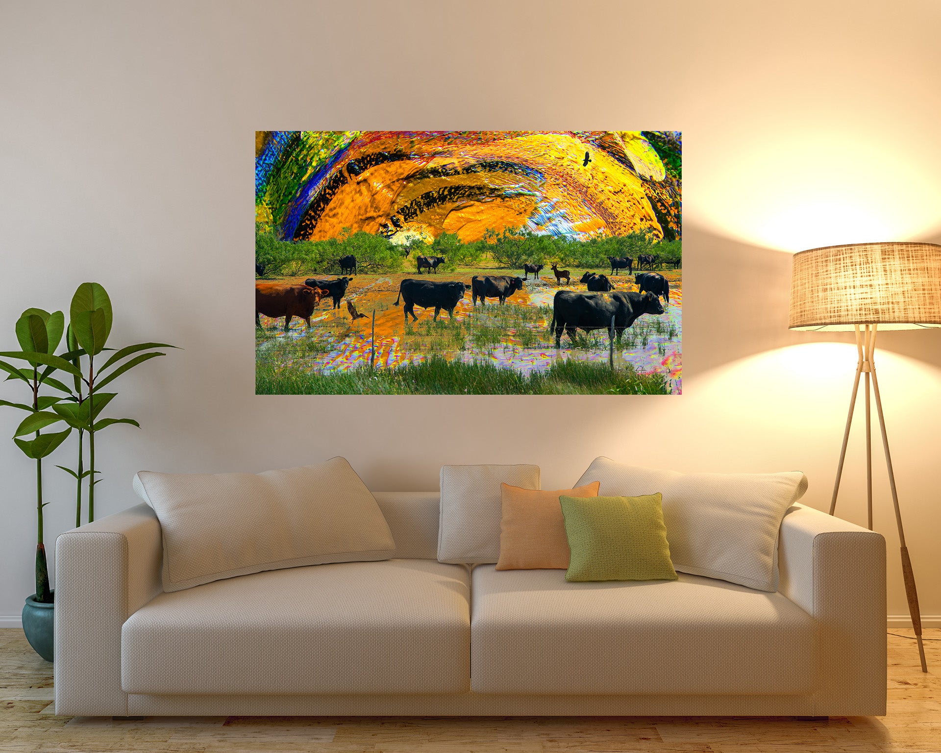 Northwest Canyon Flood Waters mixed media art by Doug LaRue over a light brown couch