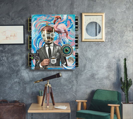 OMC original mixed media canvas of Company Man.. A square collage-style wall art print hangs on a textured gray wall in a styled interior. The artwork depicts a suited figure holding a mug with a flamingo and swirling blue, pink, and white background elements.
