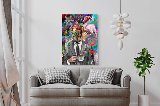 Colorful wall art of a person in a suit with a flamingo on a gray sofa. Company Man by Doug LaRue