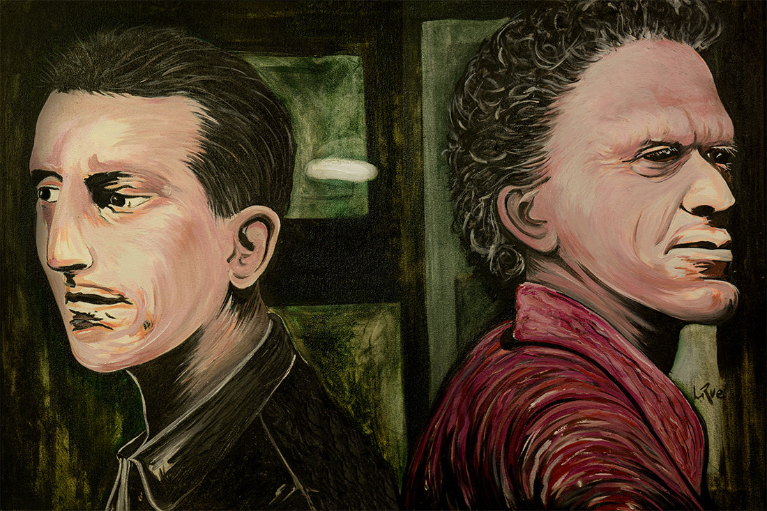 Two stylized portraits of The Robert DeNiros with a dark, moody background.