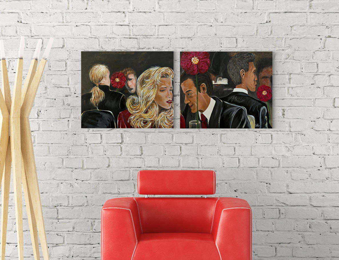 Dinner in the City by Doug LaRue hung on a white brick wall