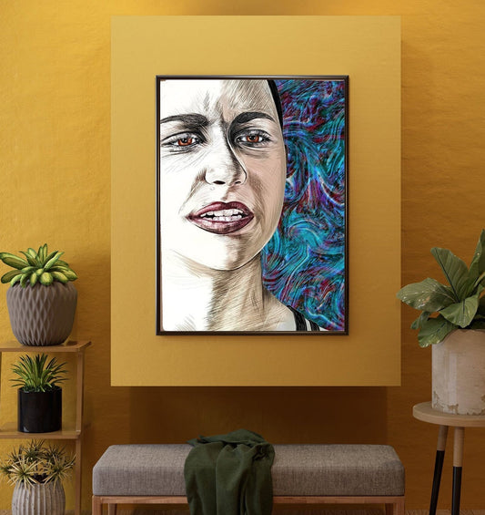 A framed vertical portrait painting of a woman hangs on a textured mustard yellow wall in a styled room setting with a bench, side tables, and potted plants. Emma Gonzales by Doug LaRue