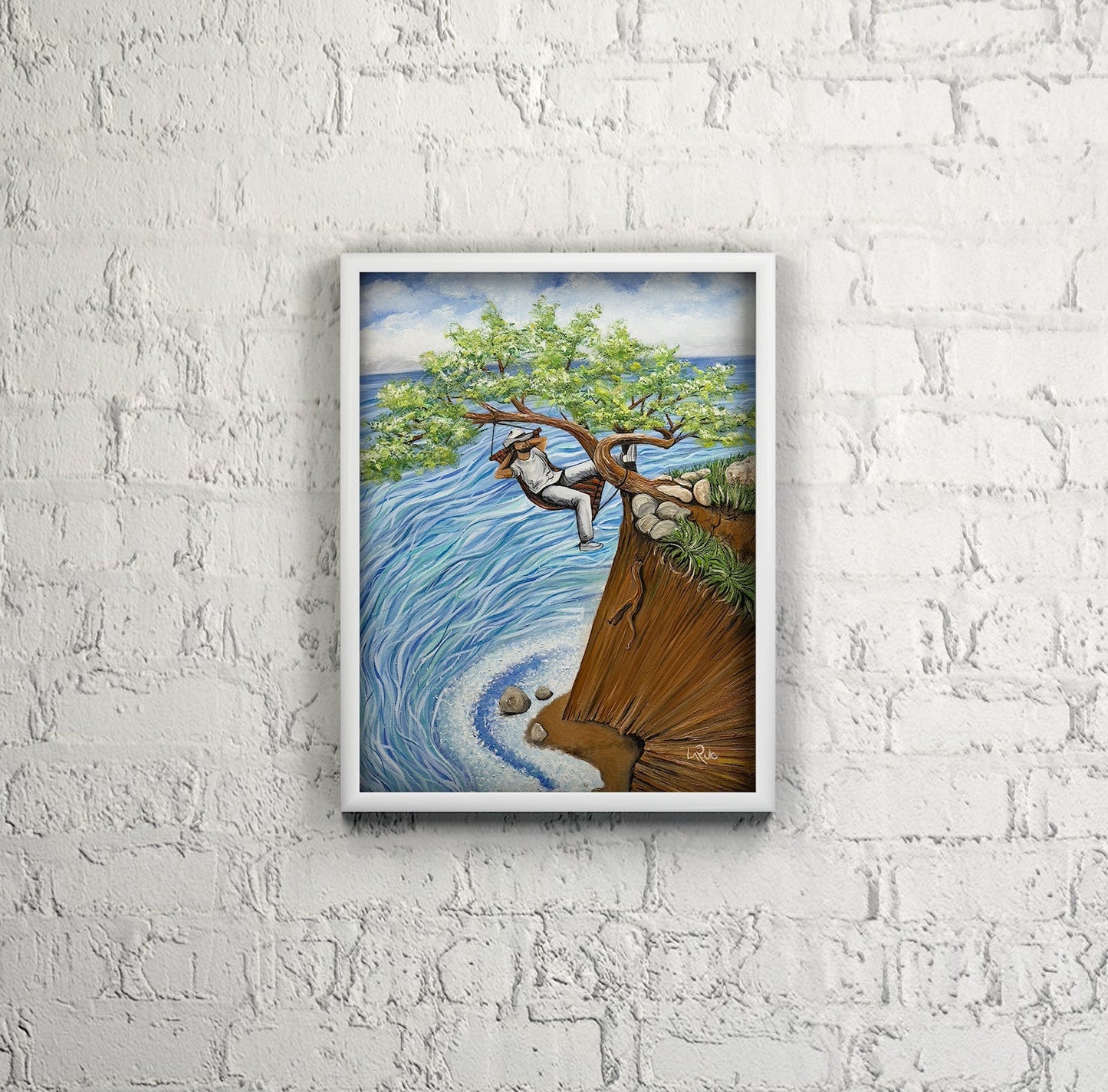 Extreme Relaxation 18x24 in. oil painting in a white wood frame on a white brick wall by Doug LaRue