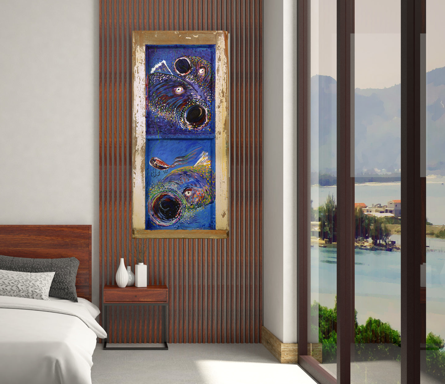Fish Window painting on antique casement window on a lake house bedroom wall