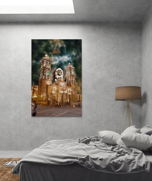 Bedroom with a large painting of a lion on a castle wall above a bed. Flying Monkeys of Puebla bye Doug LaRue