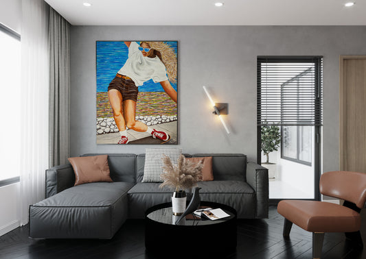 Modern living room with a gray sofa, coffee table, and decorative painting on the wall. Woman skateboarding by a colorful beach scene Girls Like You is an acrylic painting by Doug LaRue • Woman skateboarding on a wooden deck with a colorful abstract oceanside beach path