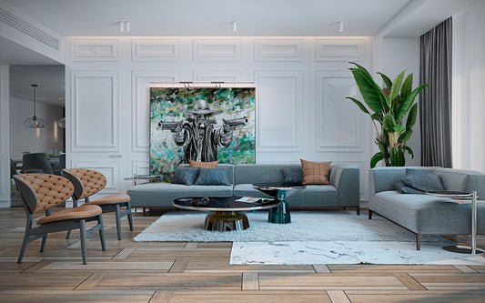 Modern living room with gray sofa, coffee table, and decorative wall art. Hombre • Gunslinger mixed media art by Doug LaRue