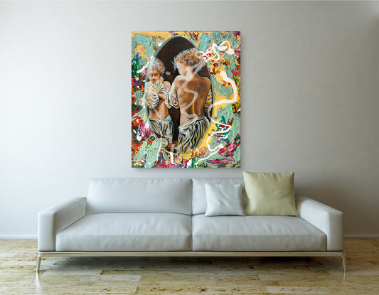 Colorful abstract painting above a white sofa with a neutral background. Hyde Park Portal art by Doug LaRue