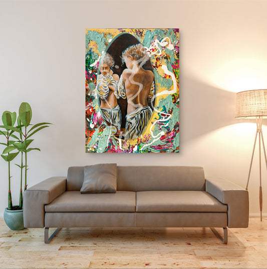 Colorful abstract painting on a wall above a gray sofa in a living room. Hyde Park Portal art by Doug LaRue