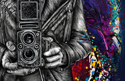 Illustration of a person holding a vintage camera with a colorful, abstract background John Lennon Twin Lens by Doug LaRue