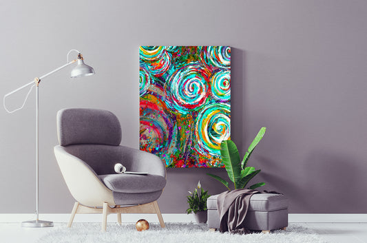 Colorful abstract painting on a gray wall above a modern chair with a plant and lamp. Millwood Drumkit by Doug LaRue